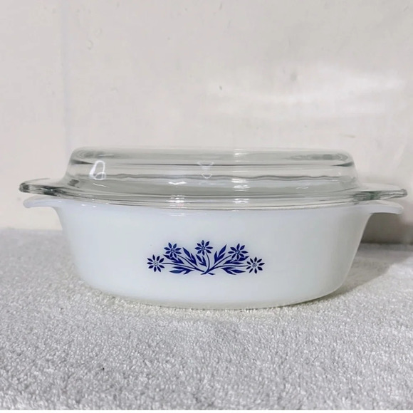 Vintage Anchor Hocking Milk Glass Blue Cornflower  Oval Casserole Dish With Lid - Picture 1 of 11